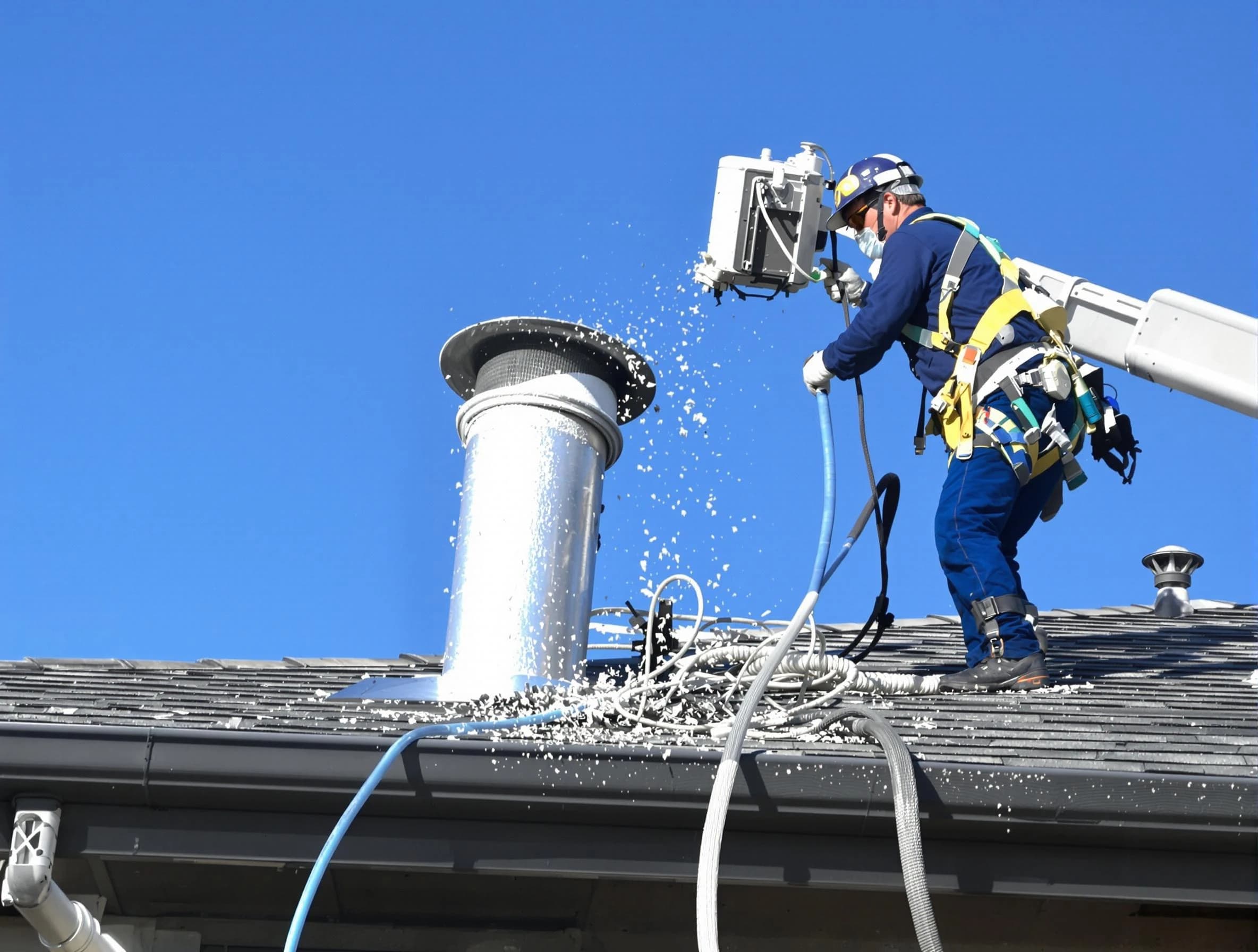 Bountiful Dryer Vent Cleaning certified technician safely cleaning a roof-mounted dryer vent in Bountiful