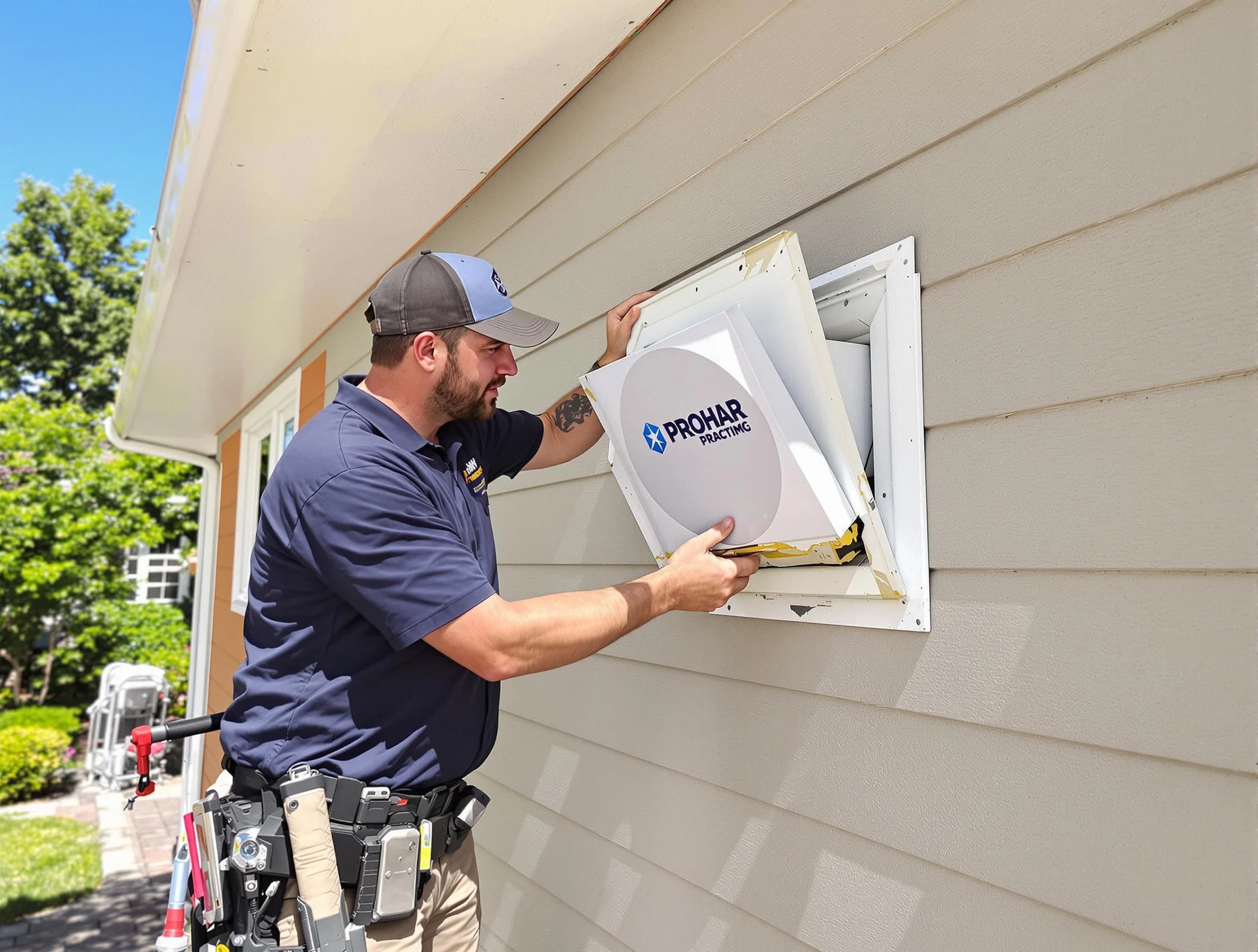 Bountiful Dryer Vent Cleaning technician installing a new protective dryer vent cover on a home in Bountiful