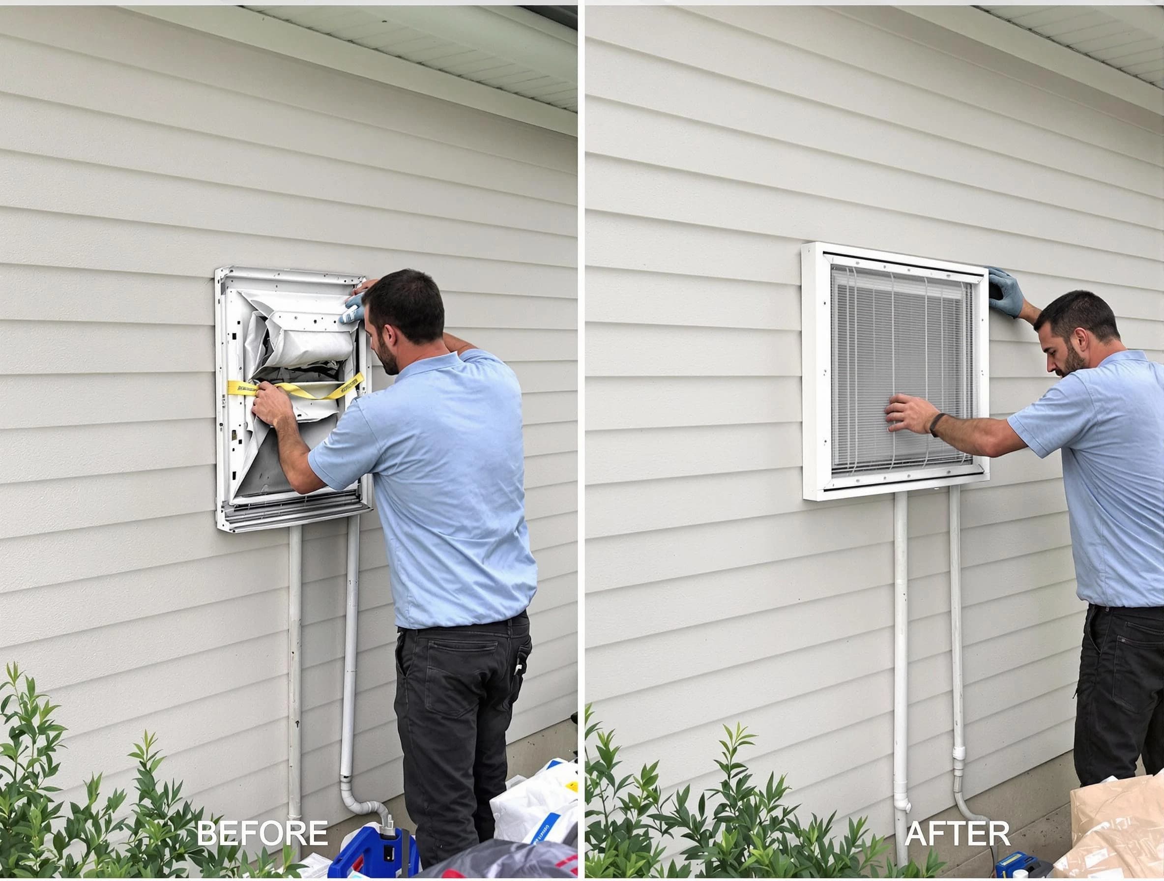 Bountiful Dryer Vent Cleaning technician installing high-quality dryer vent cover at a residential property in Bountiful