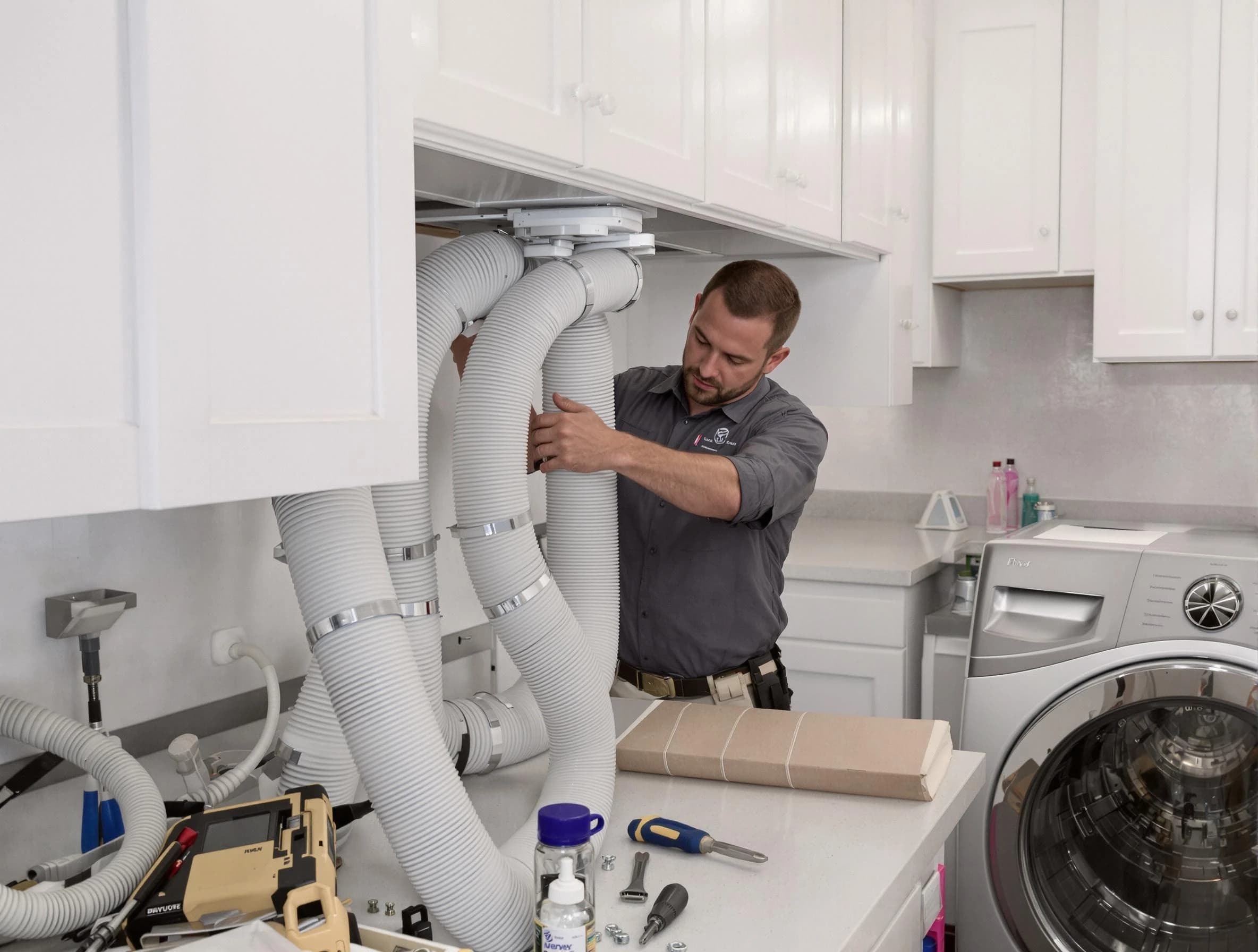 Bountiful Dryer Vent Cleaning technician installing a new professional-grade dryer vent hose in Bountiful